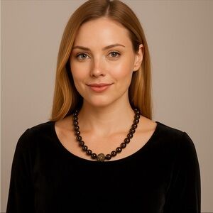 Signed Amber Brown Bead Necklace w/ Sparkly Gold Focal Bead – 18” Elegant